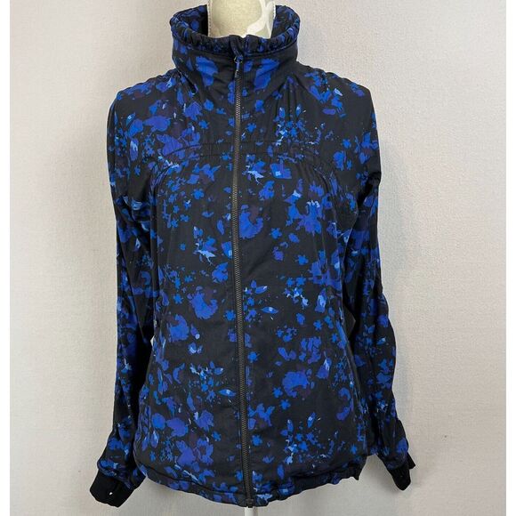 LULULEMON Gather Me Slightly Running Jacket Size 6 Blue Black Print Rain Hood - Picture 2 of 11